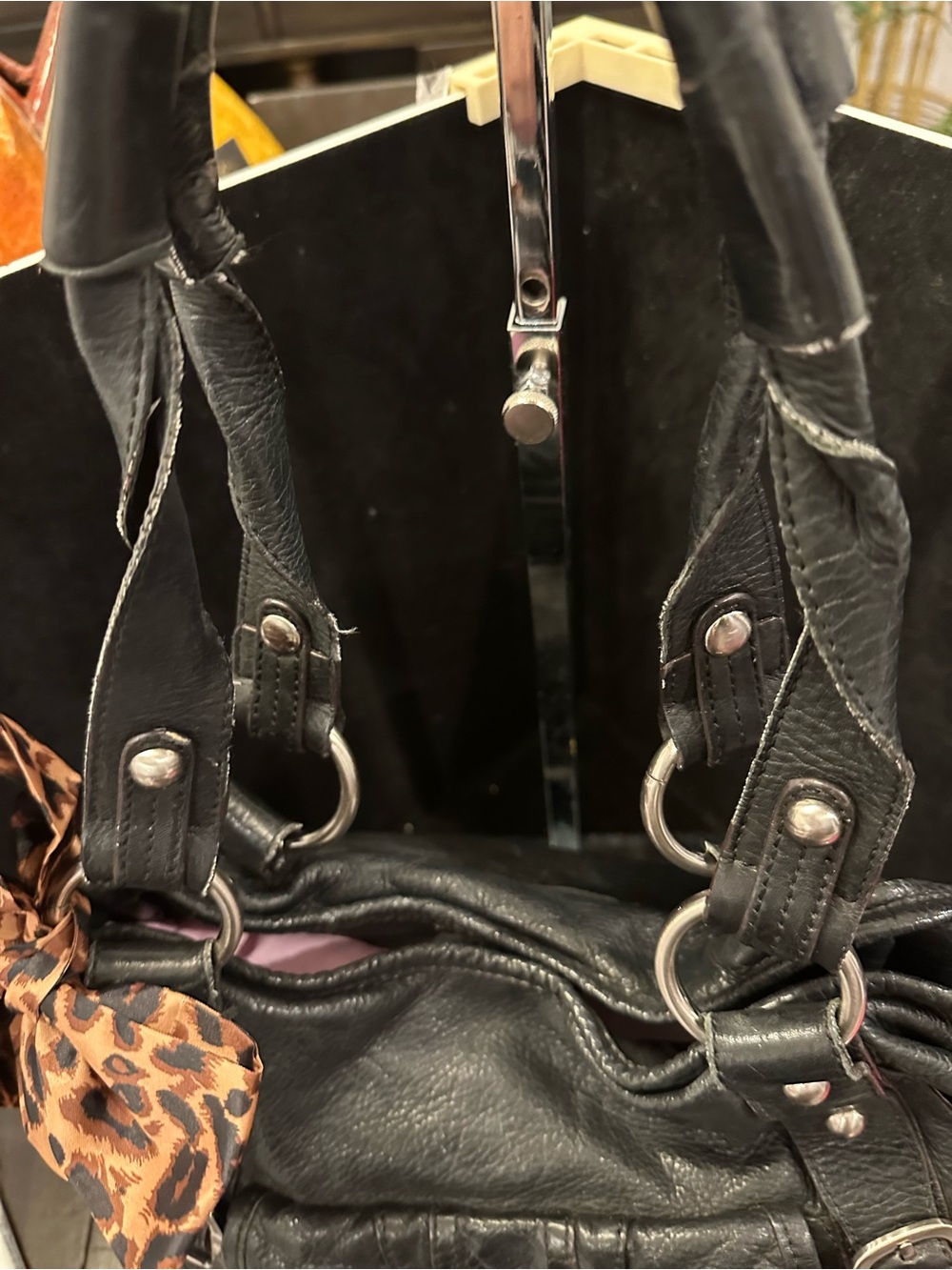 b. makowsky #230 Vintage Leather Black Shoulder Satchel with leopard interior - Picture 14 of 16